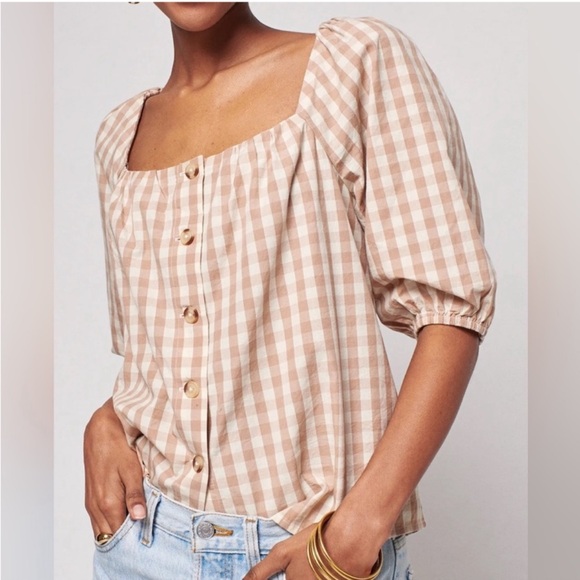 Faherty Cali Check Puff Sleeve Beige Gingham Organic Cotton Top - Picture 1 of 10